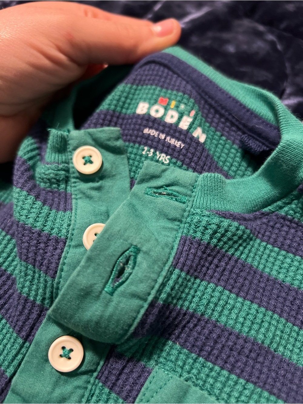 🧇 Mini Boden Green and Blue Striped Waffle Henley Tee